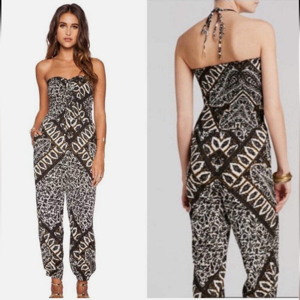 FREE PEOPLE TRIBAL SMOCKED GAUZY BALLOON LEG CROPPED SLEEVELESS RAYON JUMPSUIT S